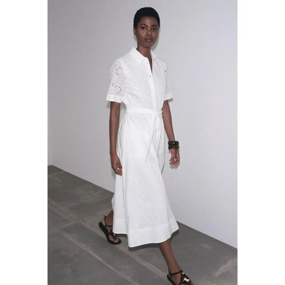 Zara Womens Midi Shirt Dress XXL White Eyelet Cutwork Embroidered 4786/137 NWT